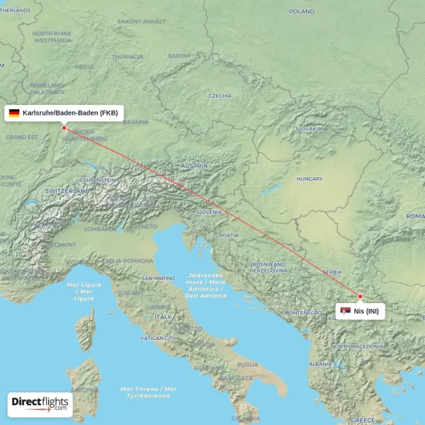 Nis - Karlsruhe/Baden-Baden direct flight map