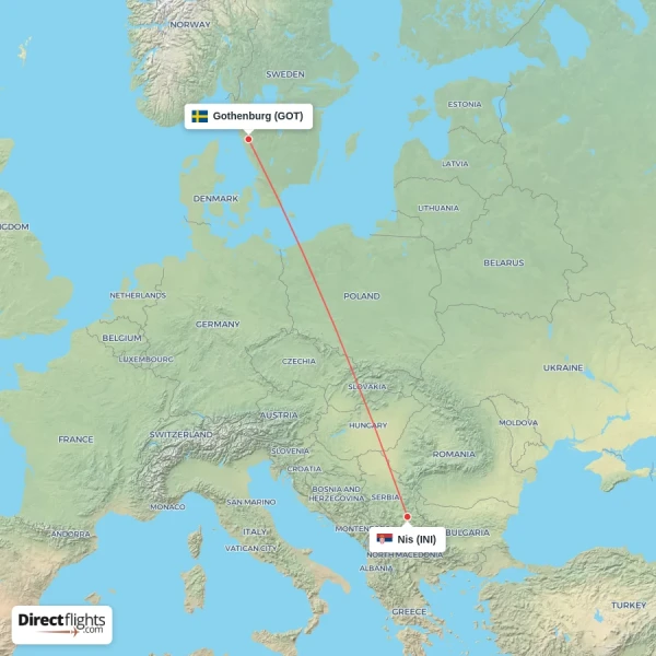 Nis - Gothenburg direct flight map