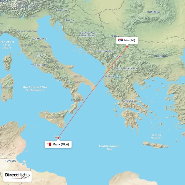 Nis - Malta direct flight map