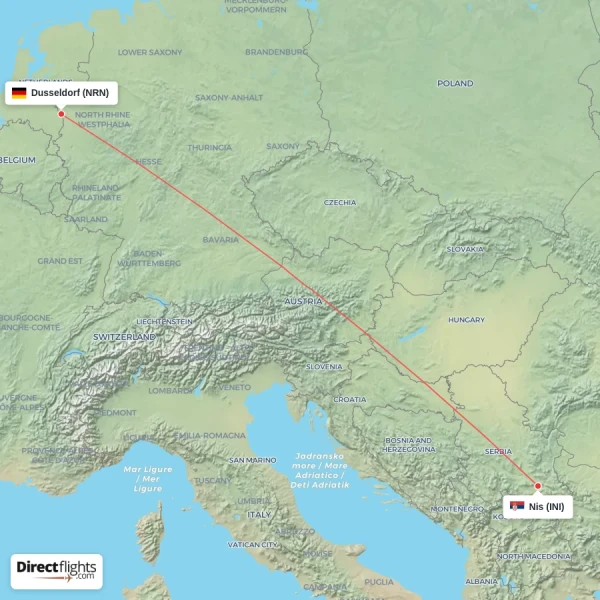 Nis - Dusseldorf direct flight map