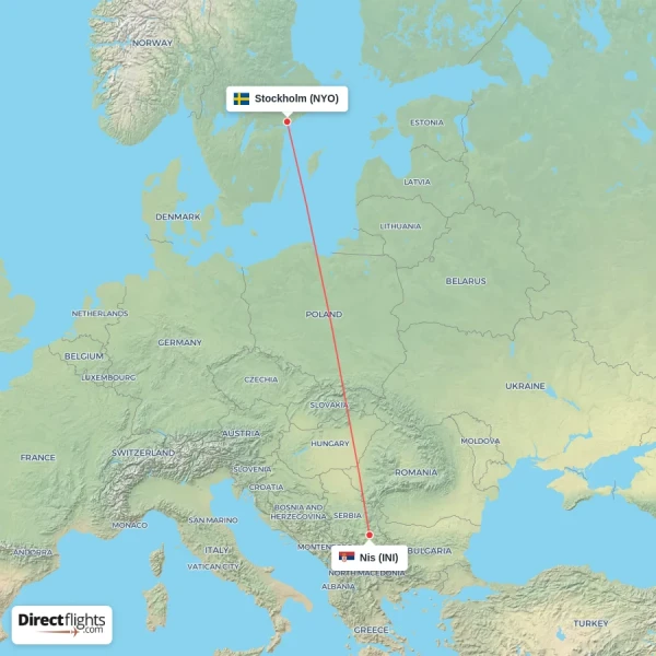 Nis - Stockholm direct flight map