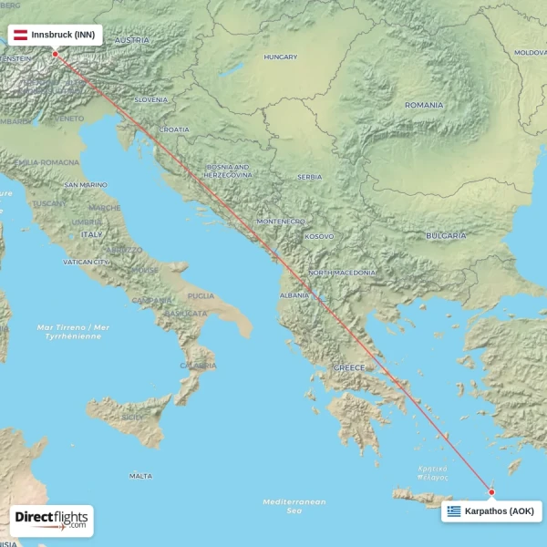 Innsbruck - Karpathos direct flight map