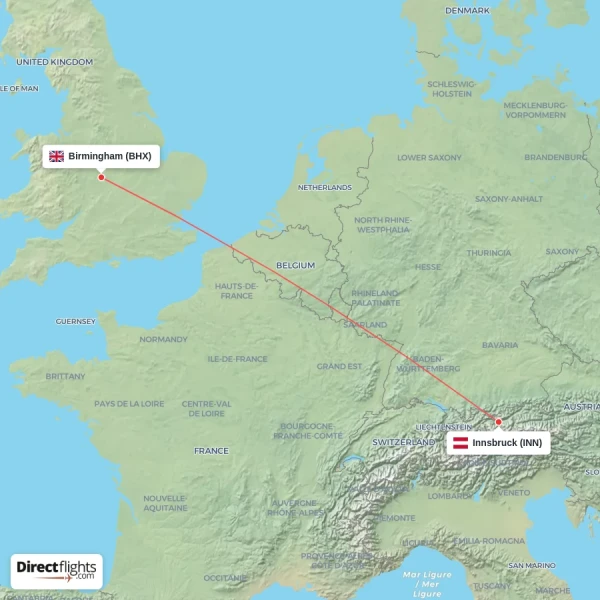 Innsbruck - Birmingham direct flight map