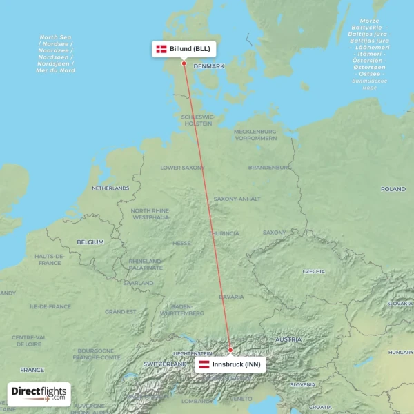 Innsbruck - Billund direct flight map