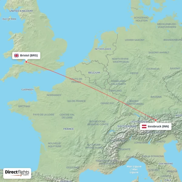 Innsbruck - Bristol direct flight map
