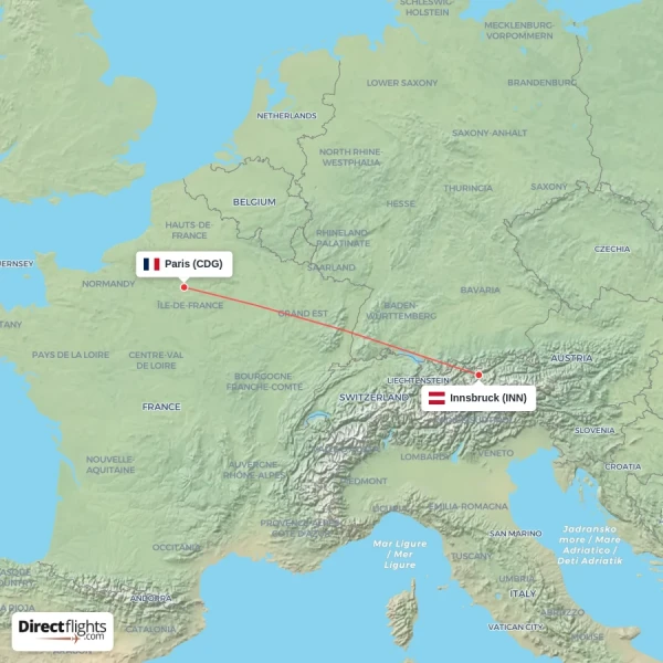 Innsbruck - Paris direct flight map