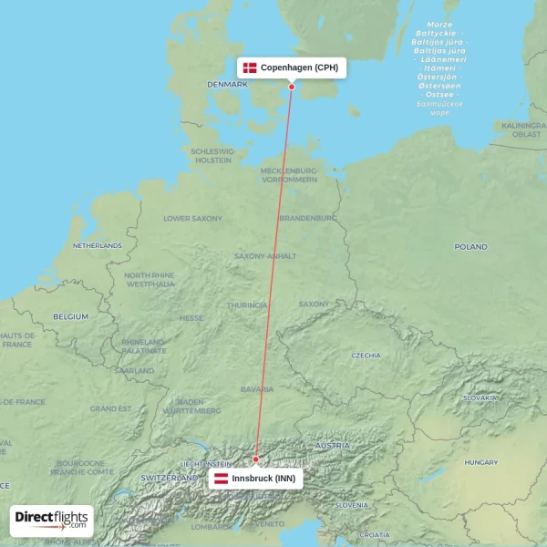 Innsbruck - Copenhagen direct flight map