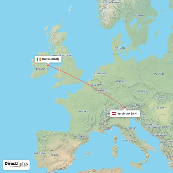 Innsbruck - Dublin direct flight map