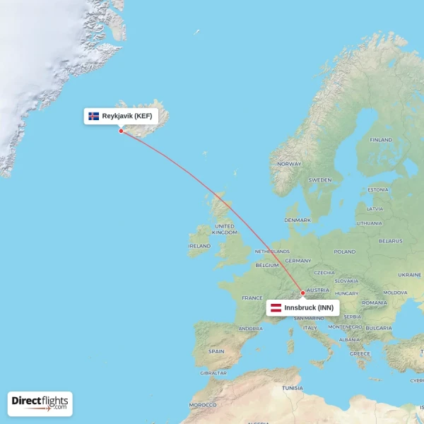 Innsbruck - Reykjavik direct flight map
