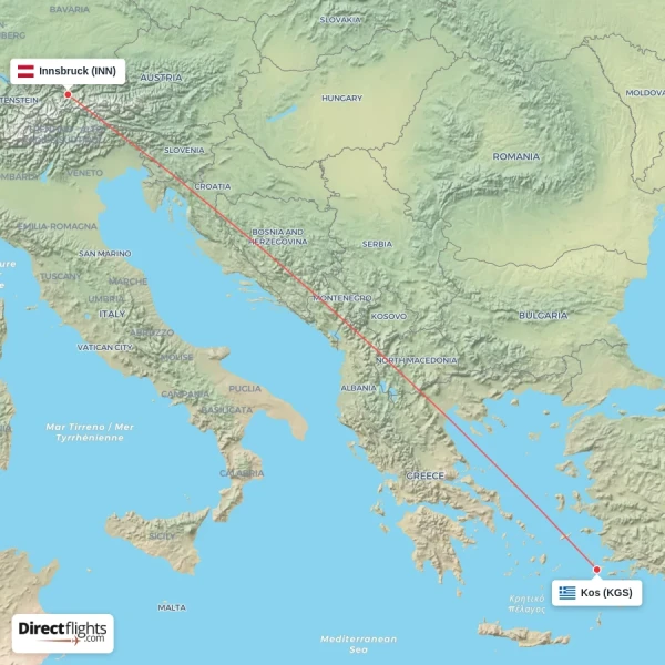 Innsbruck - Kos direct flight map