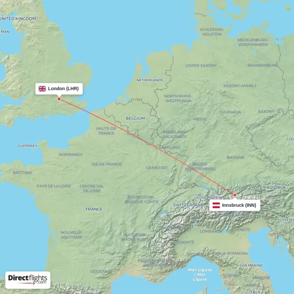 Innsbruck - London direct flight map