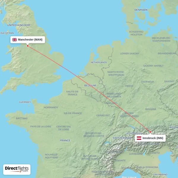 Innsbruck - Manchester direct flight map