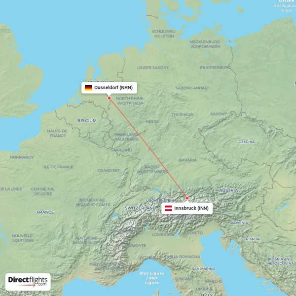 Innsbruck - Dusseldorf direct flight map