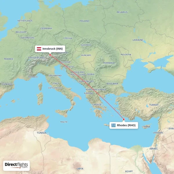 Innsbruck - Rhodes direct flight map