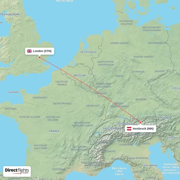 Innsbruck - London direct flight map