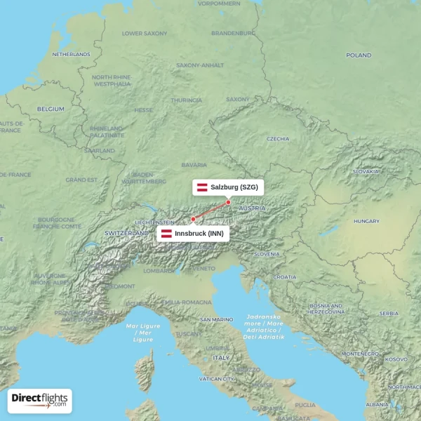 Innsbruck - Salzburg direct flight map