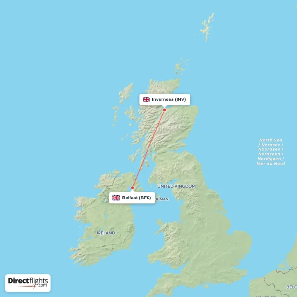 Inverness - Belfast direct flight map