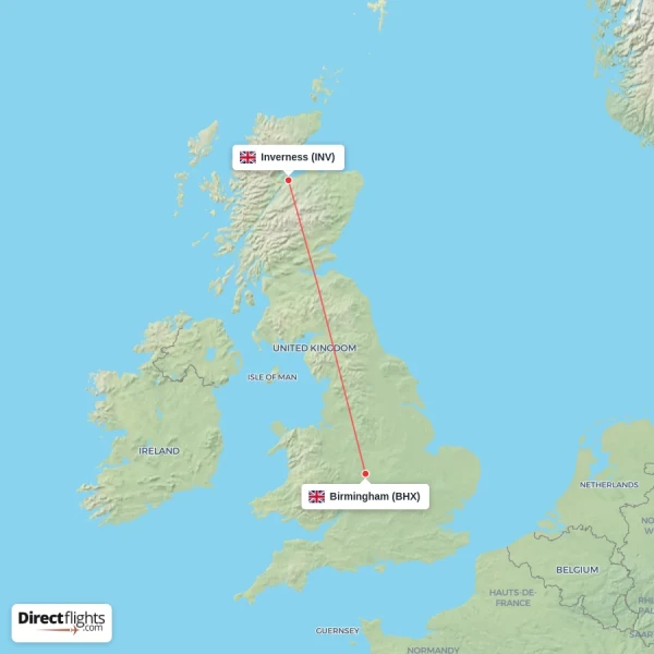 Inverness - Birmingham direct flight map