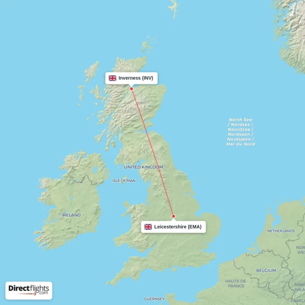 Inverness - Leicestershire direct flight map