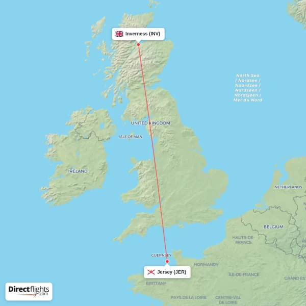 Inverness - Jersey direct flight map