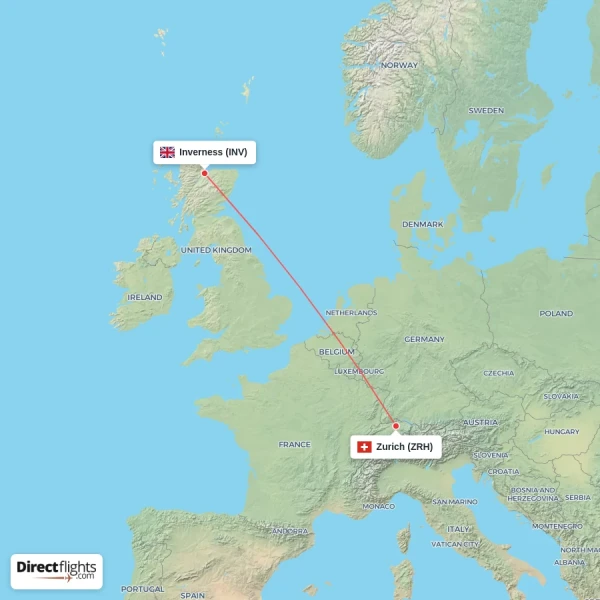 Inverness - Zurich direct flight map