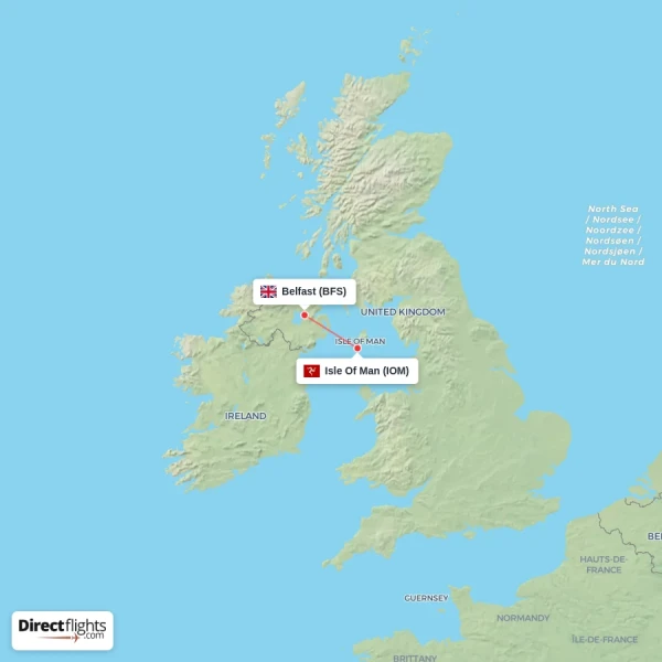 Isle Of Man - Belfast direct flight map