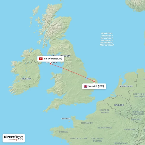 Isle Of Man - Norwich direct flight map
