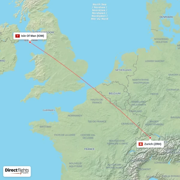 Isle Of Man - Zurich direct flight map