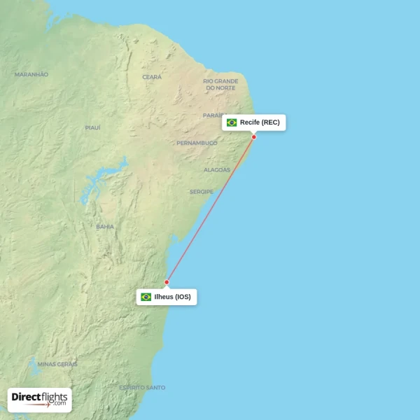 Ilheus - Recife direct flight map
