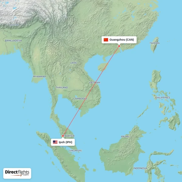 Ipoh - Guangzhou direct flight map