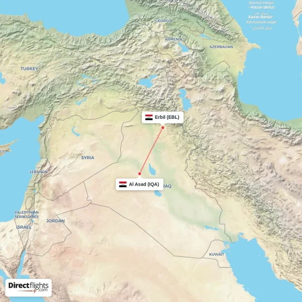 Al Asad - Erbil direct flight map