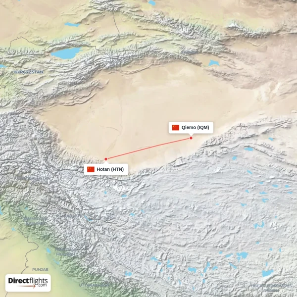 Qiemo - Hotan direct flight map