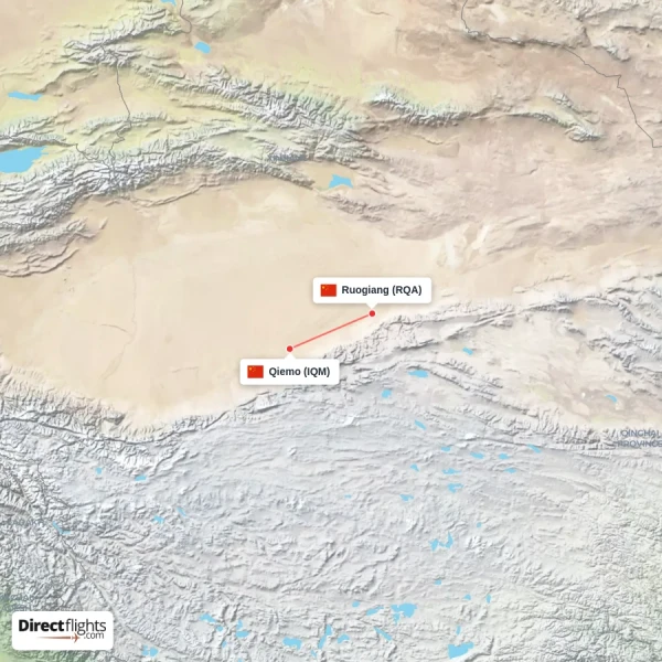Qiemo - Ruogiang direct flight map