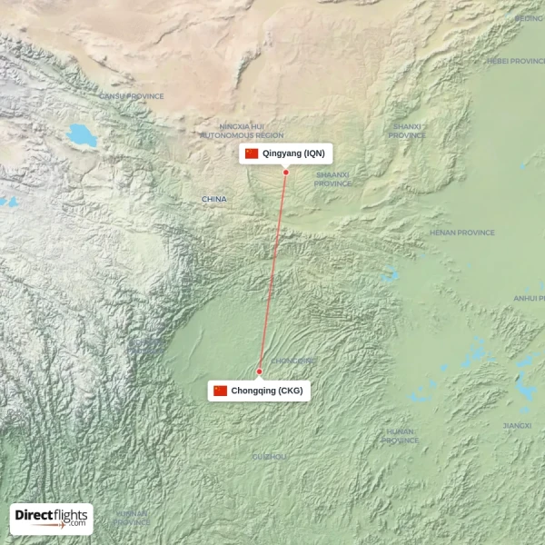 Qingyang - Chongqing direct flight map