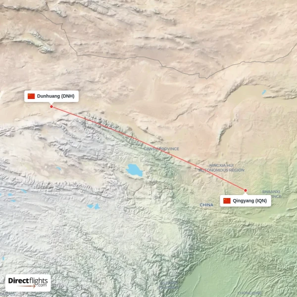 Qingyang - Dunhuang direct flight map