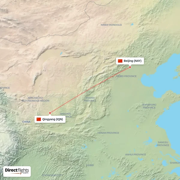Qingyang - Beijing direct flight map