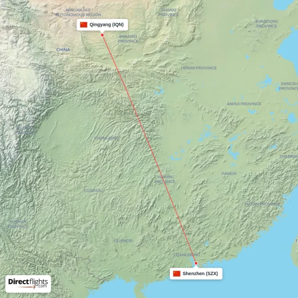 Qingyang - Shenzhen direct flight map