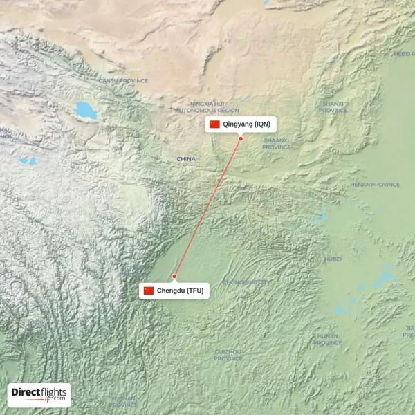 Qingyang - Chengdu direct flight map