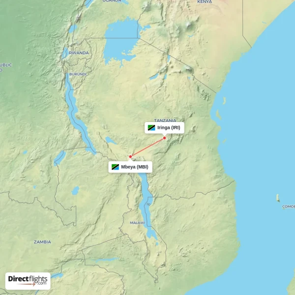 Iringa - Mbeya direct flight map