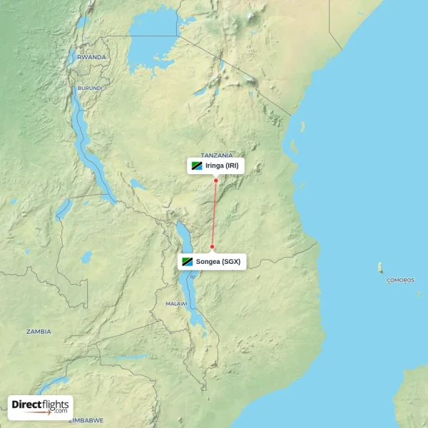 Iringa - Songea direct flight map