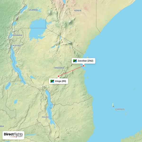 Iringa - Zanzibar direct flight map