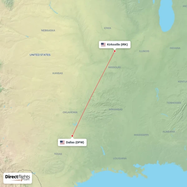 Kirksville - Dallas direct flight map