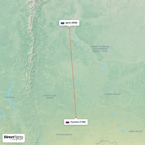 Igrim - Tyumen direct flight map