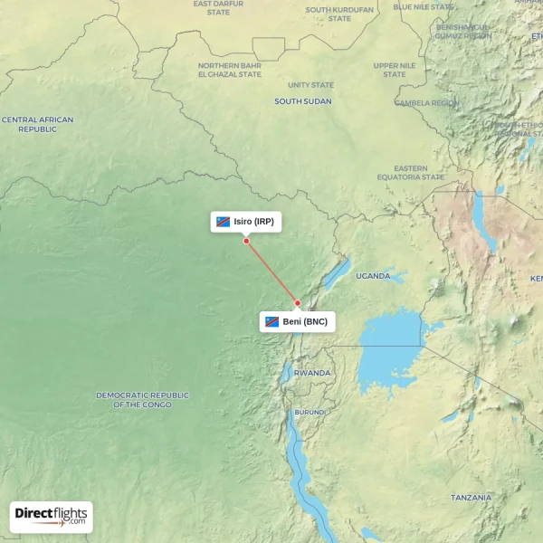 Isiro - Beni direct flight map