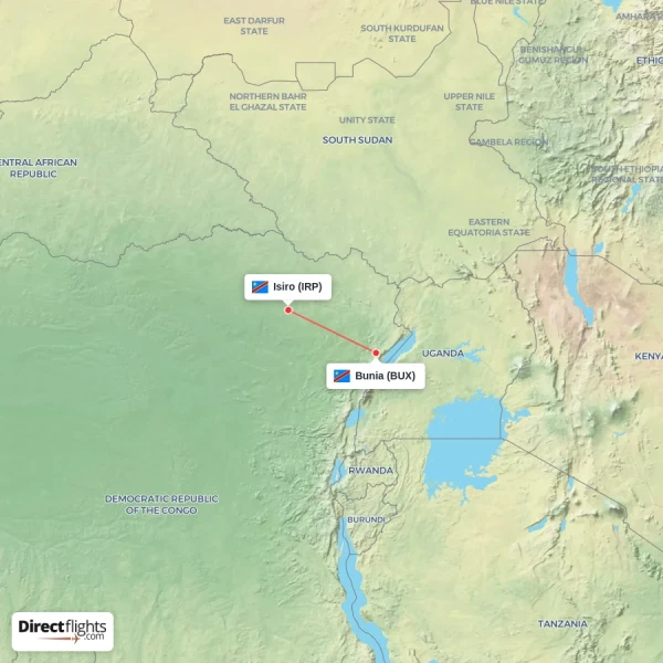 Isiro - Bunia direct flight map
