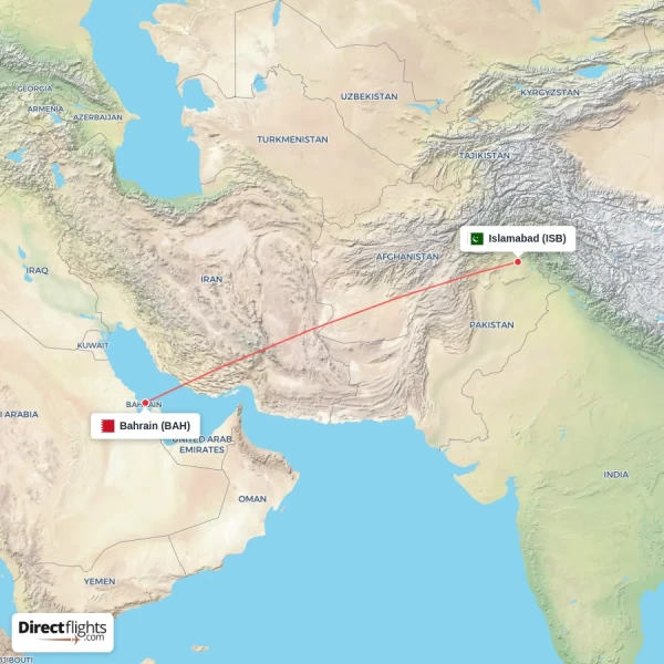 Islamabad - Bahrain direct flight map