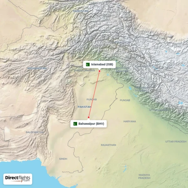 Islamabad - Bahawalpur direct flight map