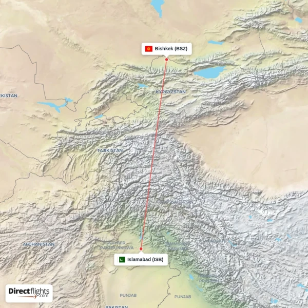 Islamabad - Bishkek direct flight map