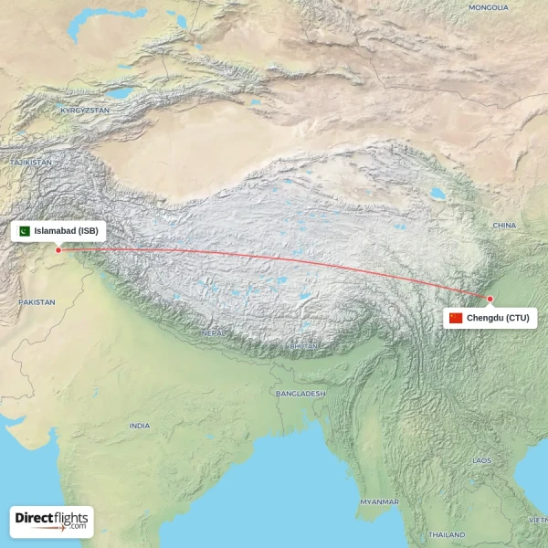 Islamabad - Chengdu direct flight map