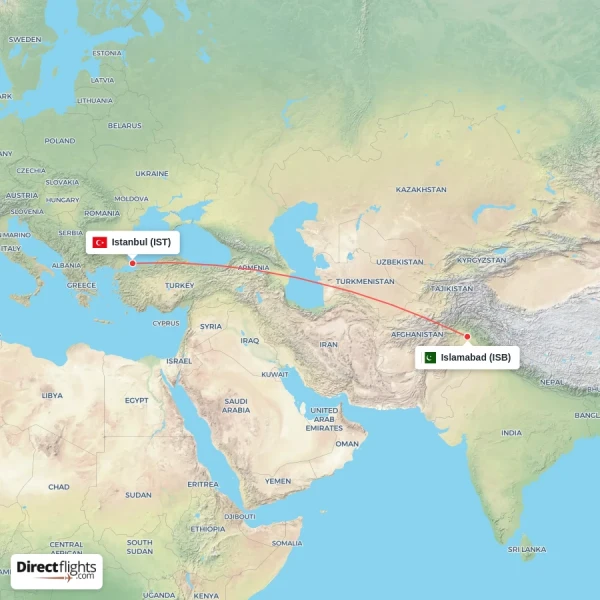 Islamabad - Istanbul direct flight map